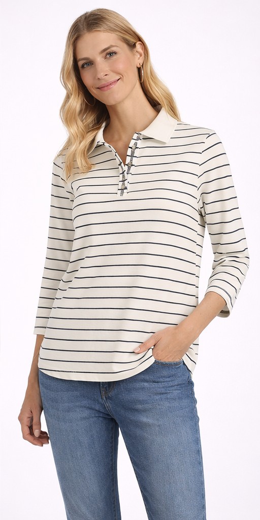 Koszulka damska Cream CRRivera Polo Whisper Navy Stripe bawełna rozmiar M