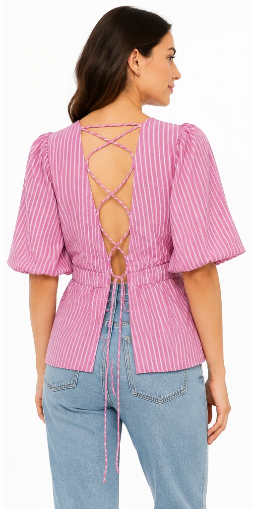 Culture CUAster Striped Blouse Bluzka damska paski wiązane plecy różowa M - obrazek 3