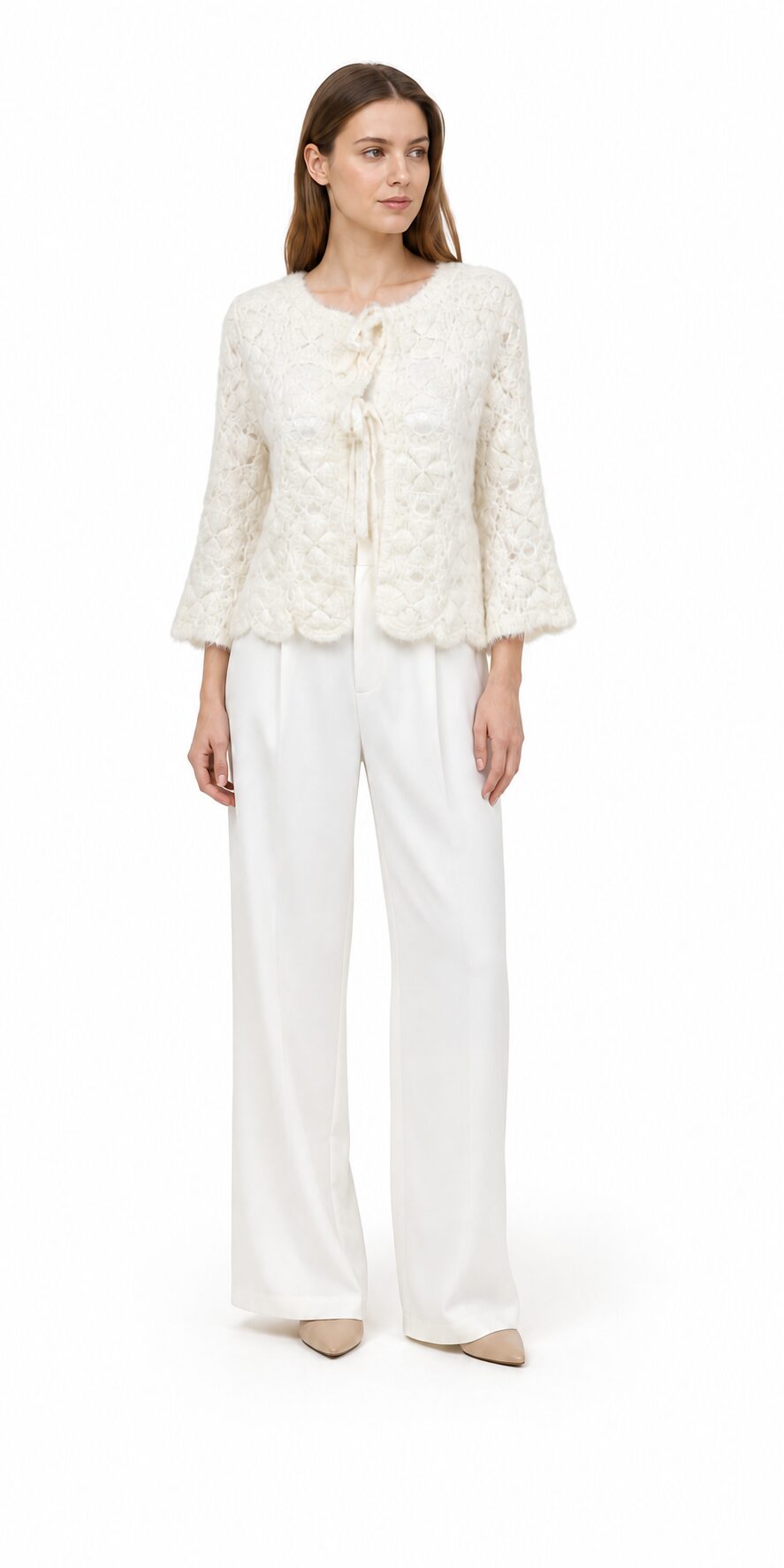 Cream Candice Cardigan sweter damski ażurowy wiązany ecru M/L - obrazek 4