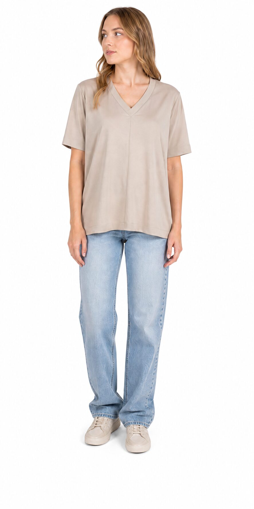 Kaffe curve KCannia T-shirt damski z krótkim rękawem dekolt V beżowy 42/44 - obrazek 4