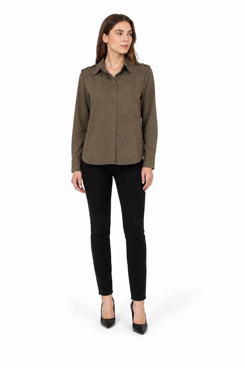 My essential wardrobe MWHace Short Shirt koszula damska styl safari khaki / oliwkowy 38 - obrazek 4