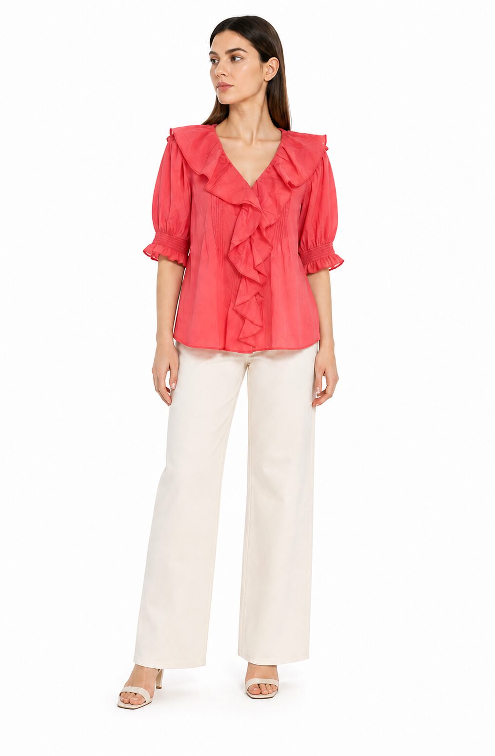 Culture CUmusso SS Blouse bluzka damska z falbanami koralowa M - obrazek 4